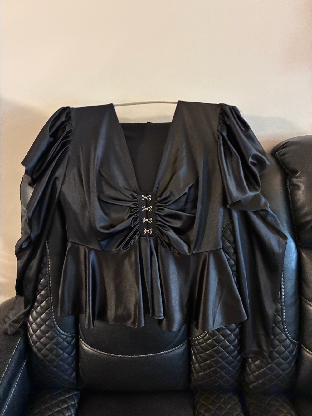 Fashion Nova Black Faux-Leather Peplum Blouse with Hook Front